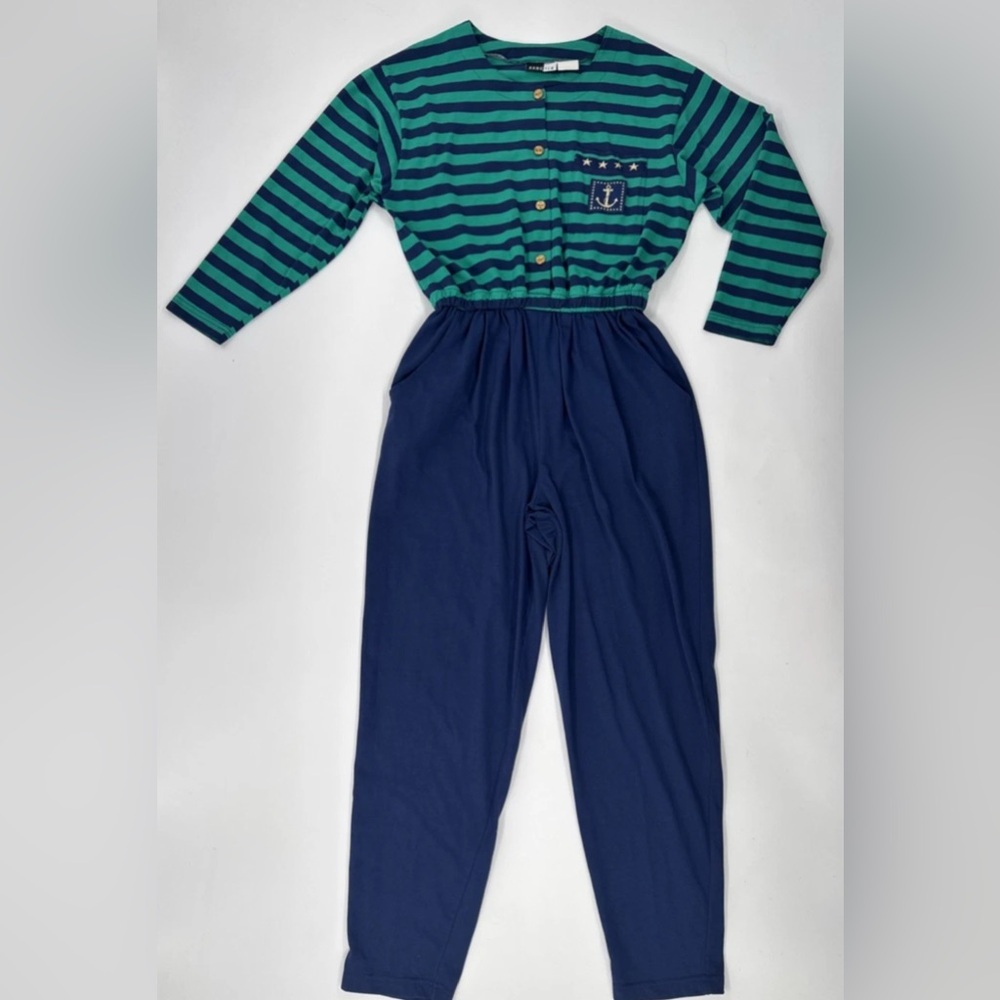 Vintage 80s Hang Ten Jumpsuit Womens Large Nautical Navy Green Long Sleeve USA